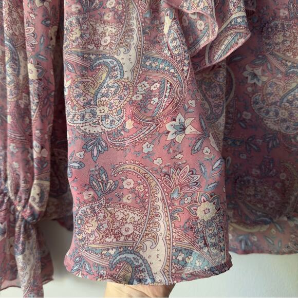 Show Me Your MuMu Sheer Long Sleeve Peasant Top Floral Paisley Lace Up Neckline - Picture 8 of 13